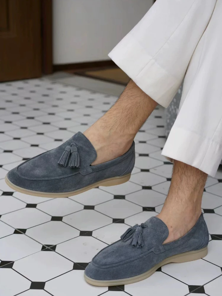 Old Money Style Men Cow Suede Tassel Loafers Slip on Flat Sole Gentleman Daily Office Casual Shoes
