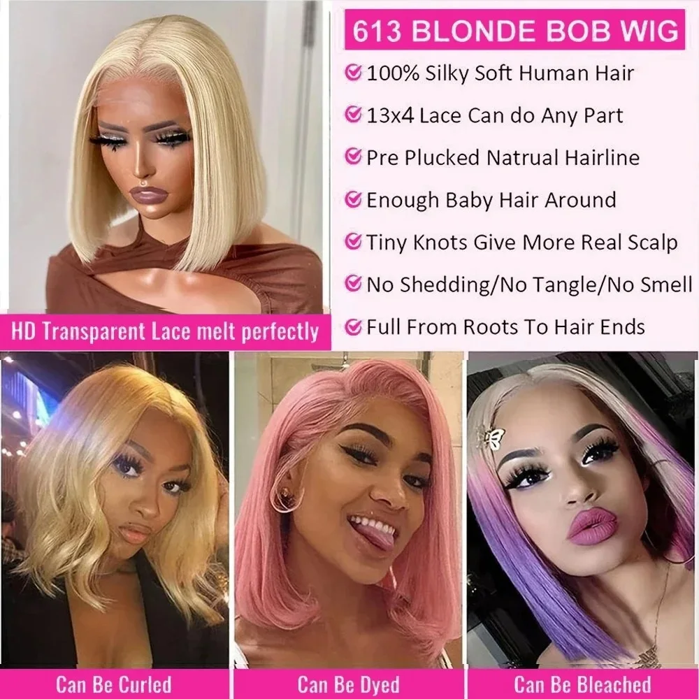 Peluca rubia Bob cabello humano 613 peluca con malla frontal cabello humano 13X4 peluca Bob con malla frontal prearrancada con pelo de bebé 180% de densidad