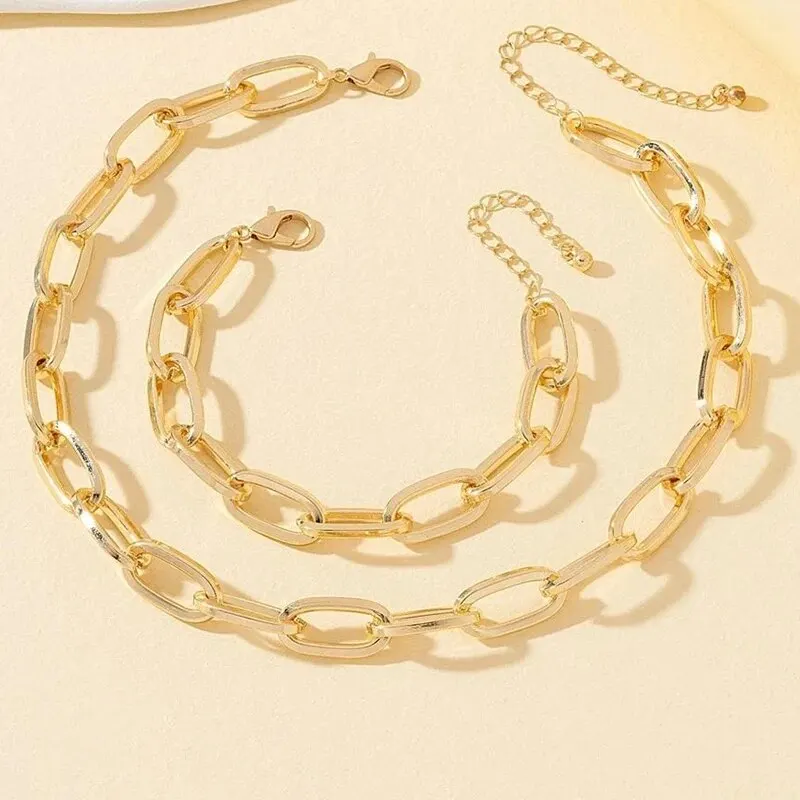 2 PCS Zestaw złotych łańcuszków Naszyjnik Bransoletka Zestaw Punk Bransoletka Duży łańcuszek Dubaj Afryka Zestaw biżuterii na imprezę Prezent dla kobiet — zdjęcie 5