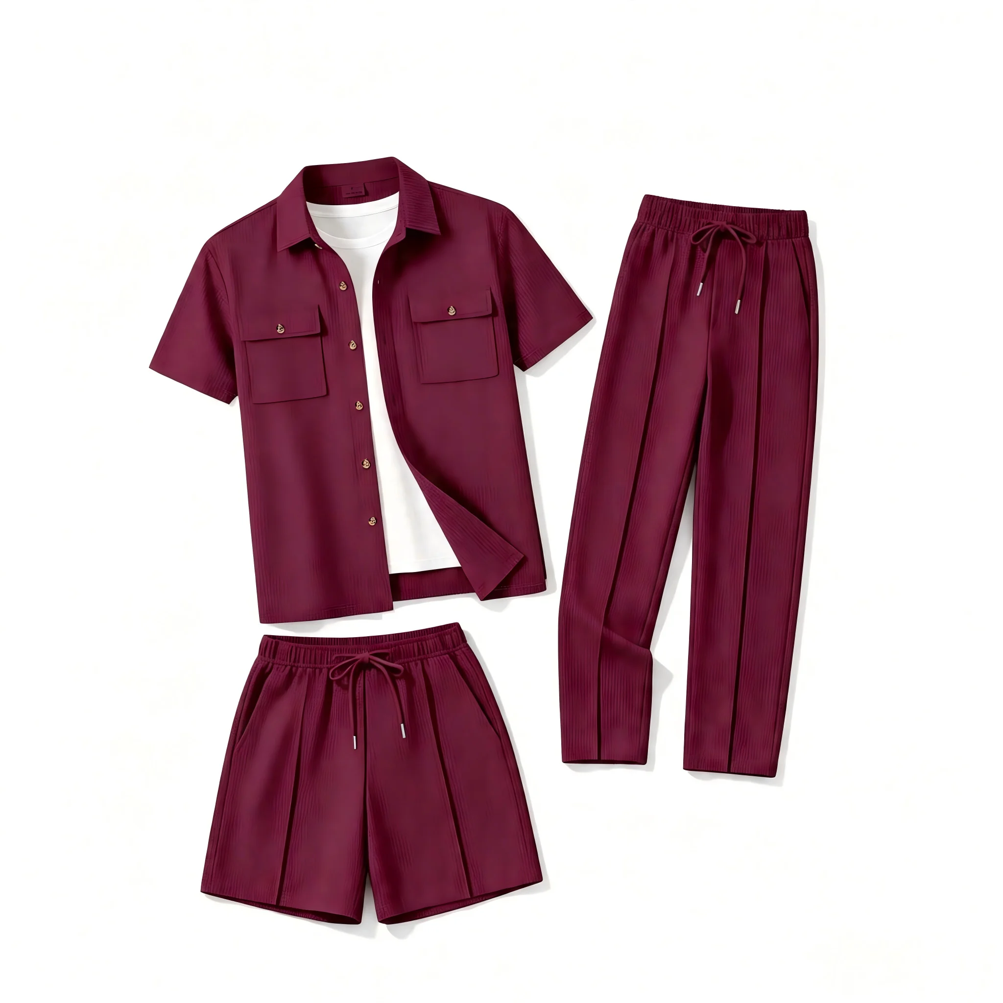 Men'sSummer Waffle Textured 3-in-1 Outfit Set Lapel Short Sleeve Shirt with Long Pants and Shorts Daily Casual Two-Way Wear Suit