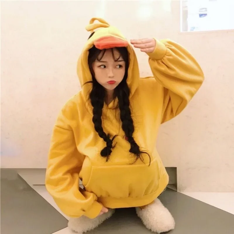 Kawaii Duck Hoodies Women Long Sleeve Cute Tops 2021 New Winter Yellow Casual Pullover Soft Girl Harajuku Hoodie Women Autumn