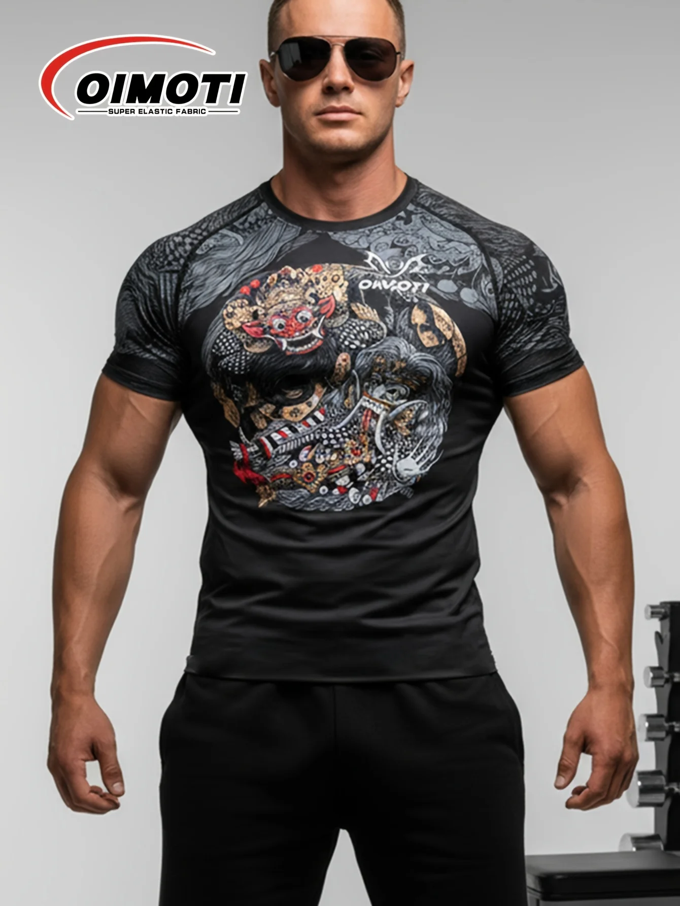 Men Sports Short Sleeve T-Shirt Quick Dry High Elastic Vintage Lion Totem Print Breathable Slim Training Top image 4