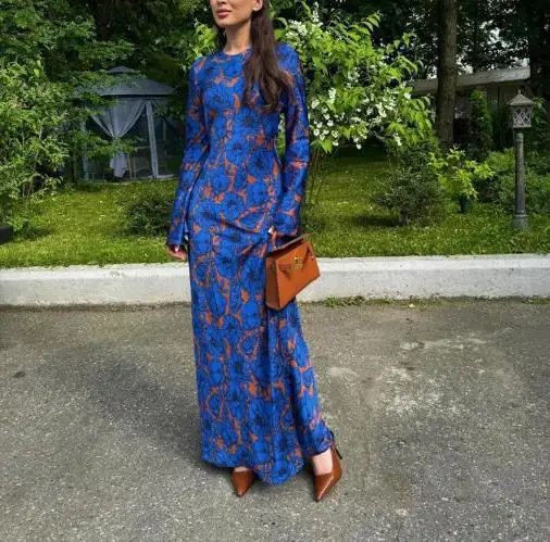 2025 Fashionable Temperament, Multi-Color Printed Long Sleeved Lace Up Waist Dress Round Neck Women's Waist Cinched A-Line Dress
