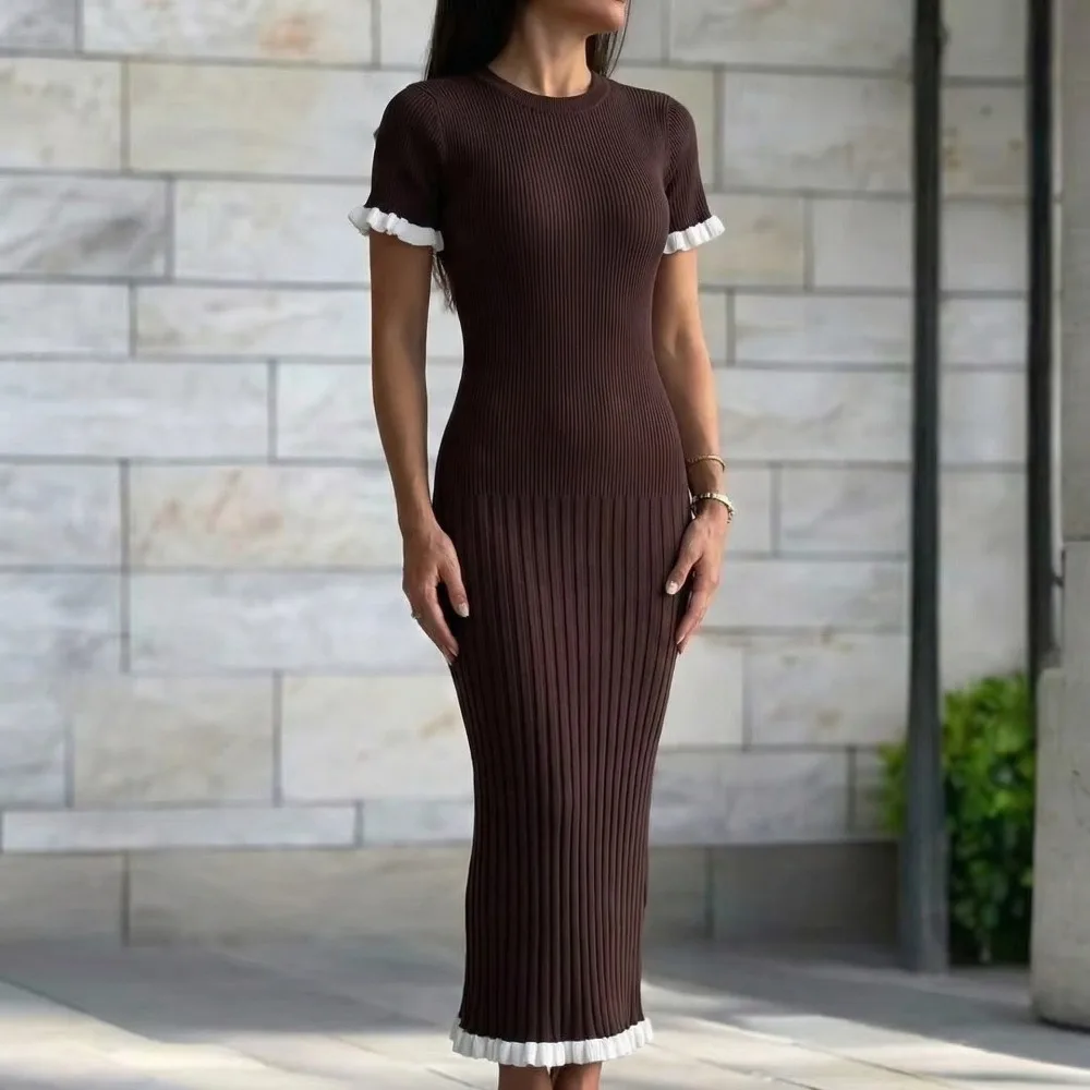 Women's Solid Ribbed Knit Midi Dress Crew Neck Contrast White Ruffle Cuff Hem Slim Bodycon Elegant Daily Commute Sweater Dress