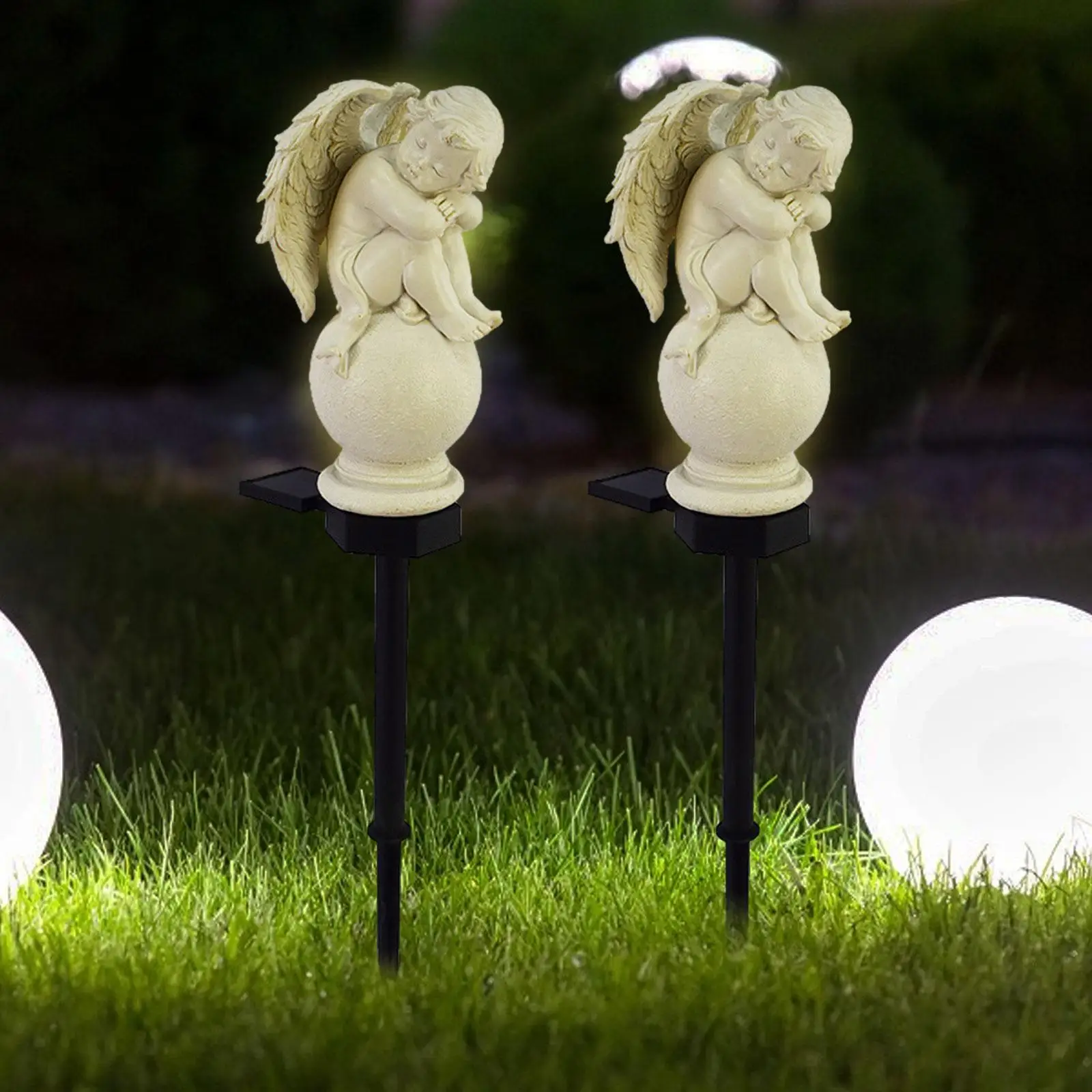 2 Pieces Garden Yard Light Pathway Sidewalk Waterproof Landscape Light Cute Figurine Sculpture Solar Powered Stake Light Decor