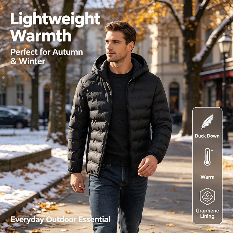 EUMERGX Herren Daunenjacke Winter Warme Entendaunen Leichte Polsterjacke Camping Klettern Trekking Graphen-Futter Mantel – Detail 2