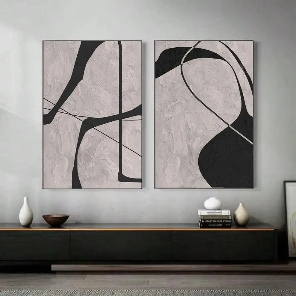 2pcs Frameless Canvas Wall Art,2 Pcs Abstract Wall Art Black Beige Minimalist Canvas Print Modern Textured Painting Wall Decor f