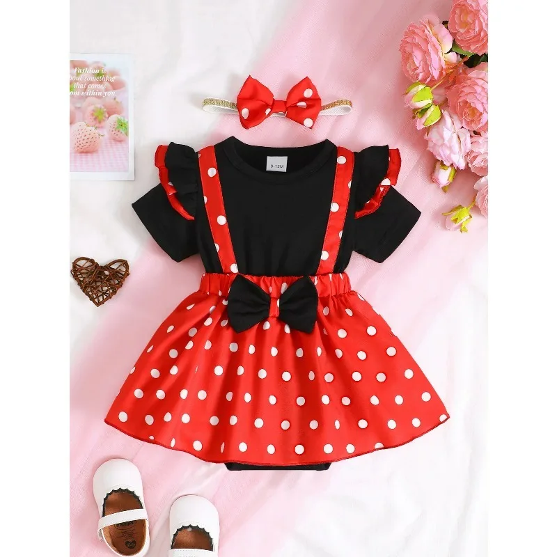 Infant Girl Red Polka Dot Suspender Dress Set Ruffle Tee Bow Headband Baby Minnie Outfit Kids Birthday Party  Costume