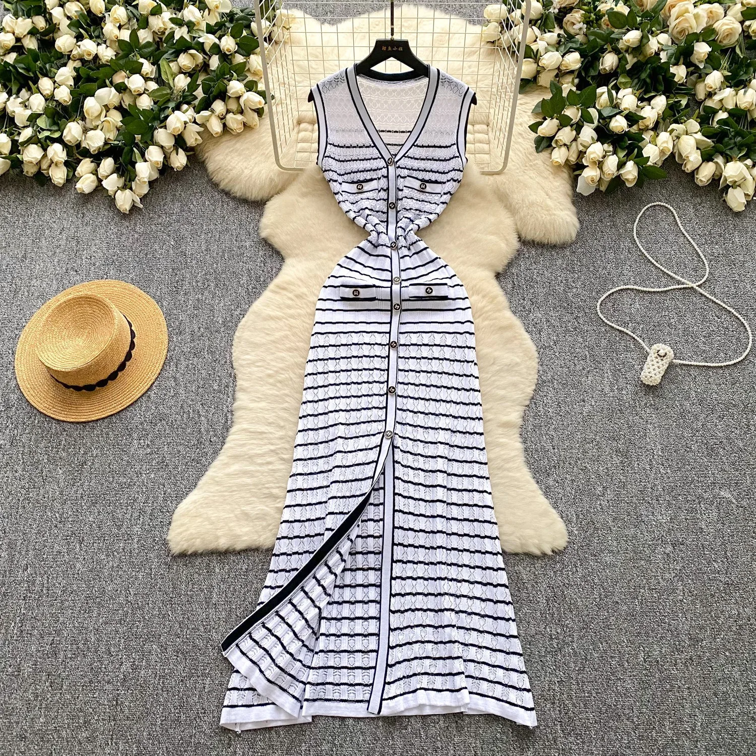 YuooMuoo Damenkleid 2026 Frühling Sommer Elegantes Weiß-Schwarz Gestreiftes Maxikleid Büro-Dame A-Linien Strickkleid Schickes Vestido