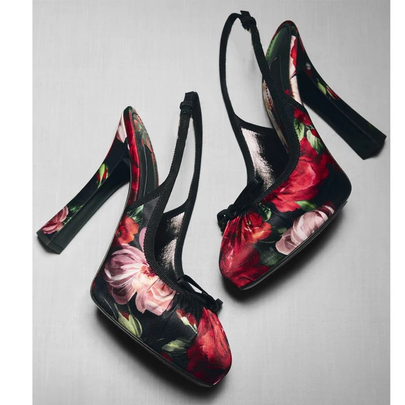 

Floral Printing Bow Decor Platform Chunky Heel Sandals Woman Summer 2026 Round Toe Slingback High Heel Pumps Dress Shoes