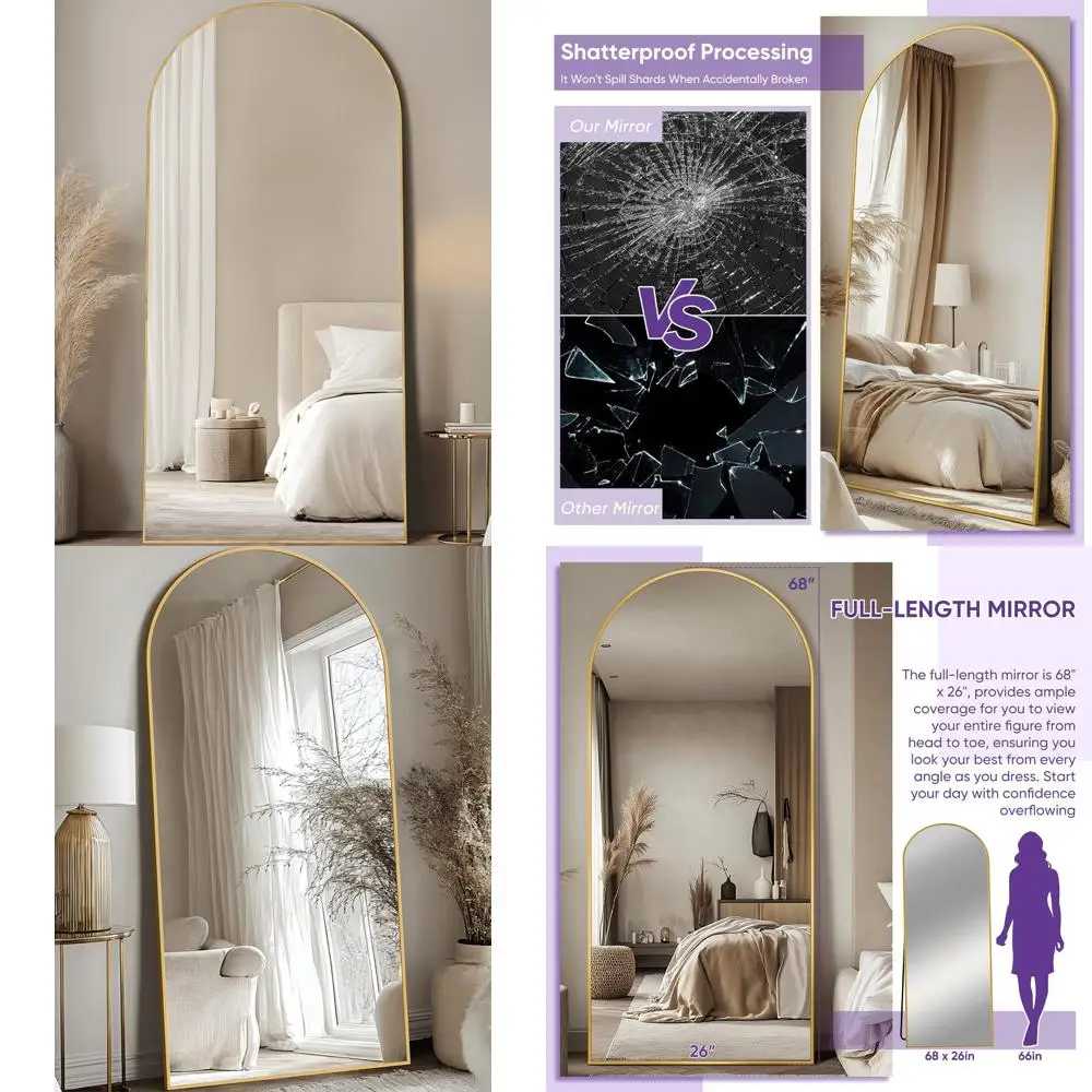 Gewölbter, bodenstehender Ganzkörperspiegel, 68 x 26 freistehend, für Schlafzimmer, zum Aufhängen montierbar, großer Wandspiegel