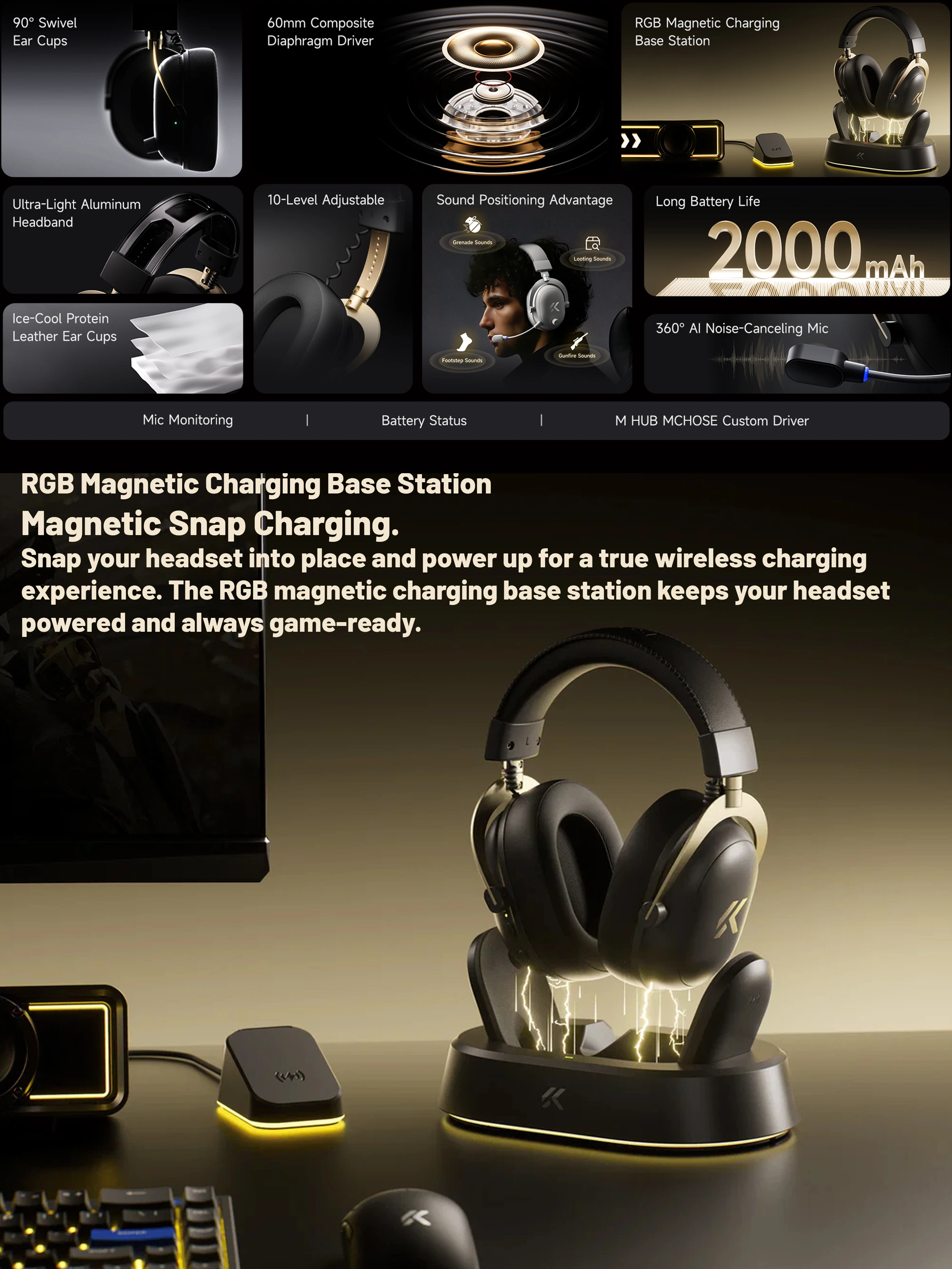 MCHOSE V9 Turbo+ Magnetisches Kabelloses Gaming-Headset 7.1 Surround Sound 90 ° Schwenkbare Ohrmuscheln 60mm Geringe Latenz RGB Magnetisches Aufladen – Detail 2