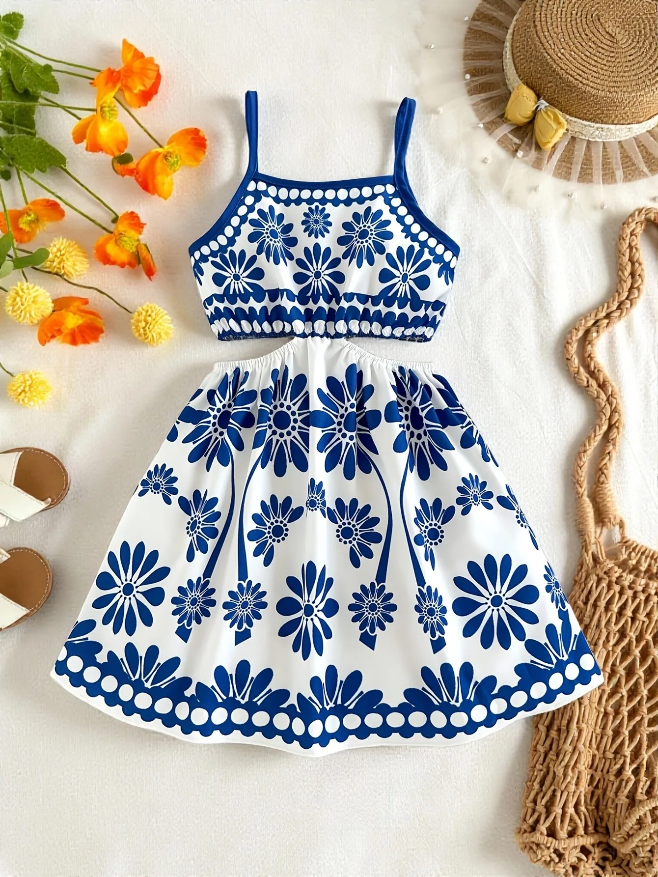 Trendiges Mädchen-Sommerkleid, Weiß mit Blauen Gänseblümchen, Ethnischer Blumendruck, Dünne Träger, Taille Ausgeschnitten, Fließender Rock für Tropische Urlaubsorte – Detail 1