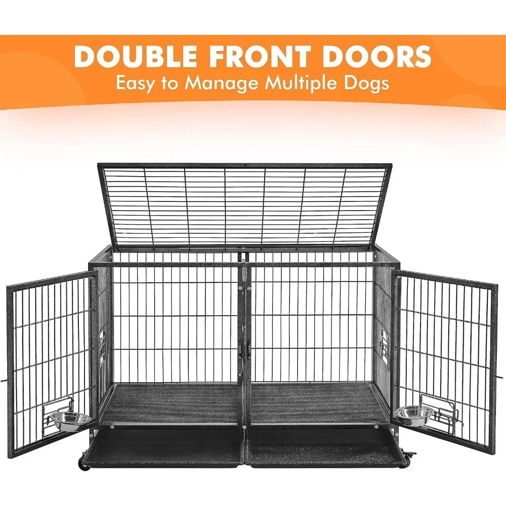 Stackable Dog Crate 42'' Heavy Duty Large Dogs Crates with Divider 4pcs Rolling Pet Metal Crates W/Double Doo, Dog Crate