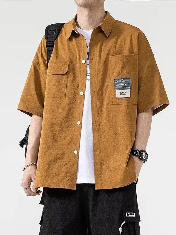 Men's Short Sleeve Ice Silk Casual Shirt Summer Lightweight Breathable Polyester Fiber Workwear Jacket Regular Fit Loose Style