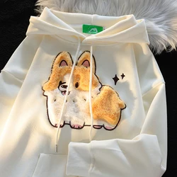 Nakış Corgi kapüşonlu Sweatshirt bayanlar gevşek ve tatlı Hoodies kadın sonbahar kış rahat kadın uzun kollu kazak Y2K