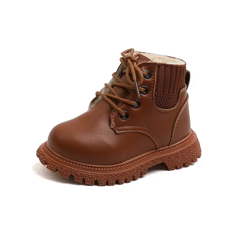 Botas de marea para niños, zapatos de cuero para niños, moda Otoño Invierno, botas cálidas para niñas pequeñas, botines de invierno, zapatos de nieve para niños