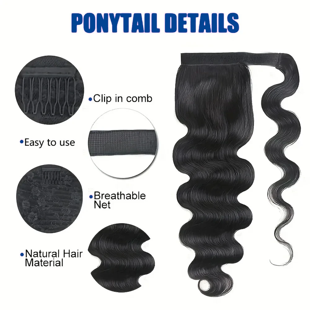 Body Wave Ponytail Extension Human Hair With Magic Paste Warp Around Brazilian 100% Human Hair For Women 1B Natural Color Virgin