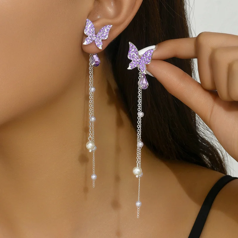 

Korean Style Accessories Fairy Sweet Purple Butterfly Earrings High-end Long Pearl Tassel Face Slimming Women's Earrings