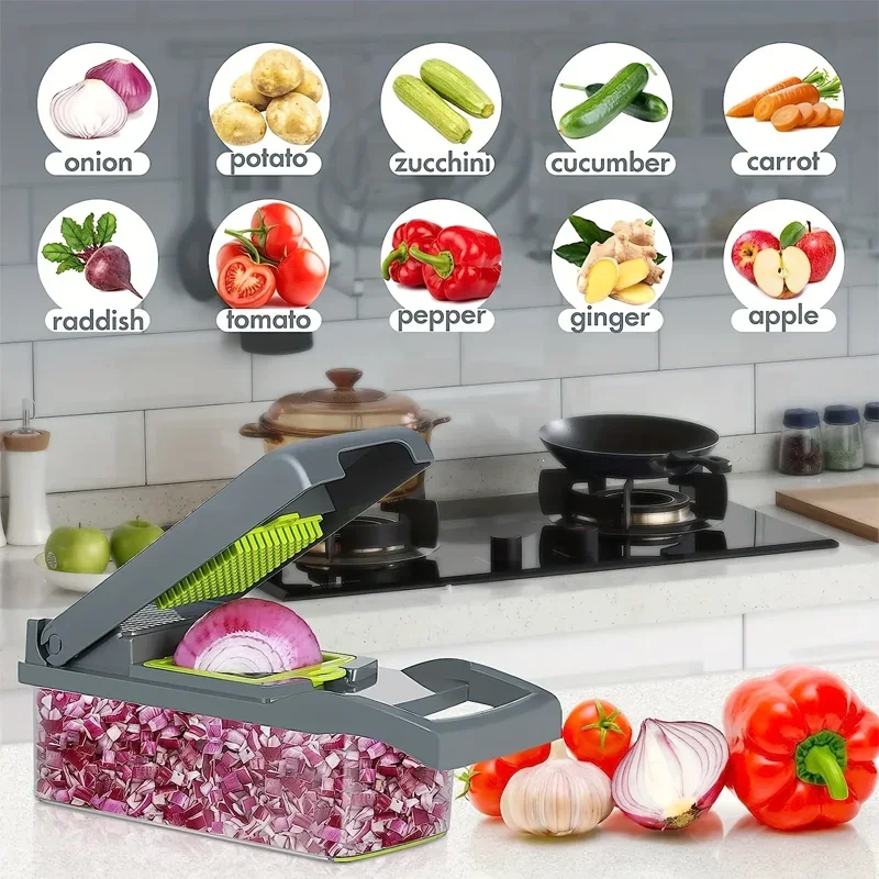 Juego de 14 o 16 piezas de cortador de verduras, procesador de alimentos, rebanador de cebolla y patata, rallador, cortador de cocina con mango para preparación de comidas