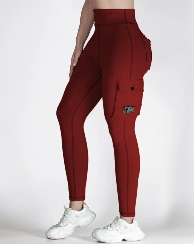 Legging olahraga angkat pinggul wanita, celana aktif desain saku gesper, celana legging Yoga ketat pinggang tinggi langsing