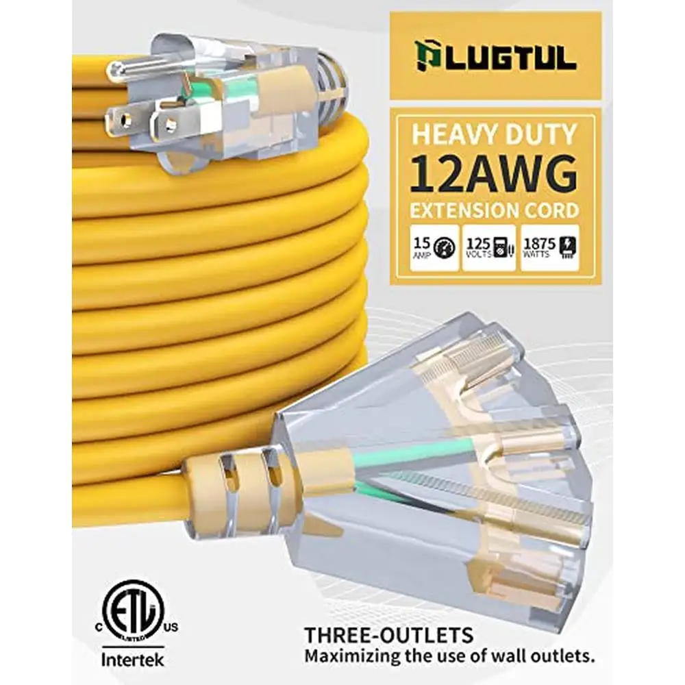 25Ft 12 Gauge 3 Prong Outdoor Extension Cord 3-Outlets Waterproof Lighted end All Purpose 125V 15Amp ETL Listed