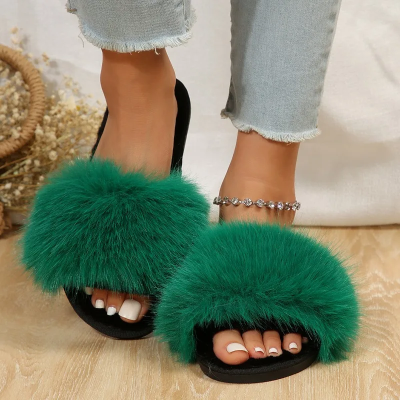 Winter 2023 Women\'s Fashion Fur Slippers Fluffy and Cute Plush Women\'s Luxury Outdoor Anti Slip Durable Flat Bottom Slippers