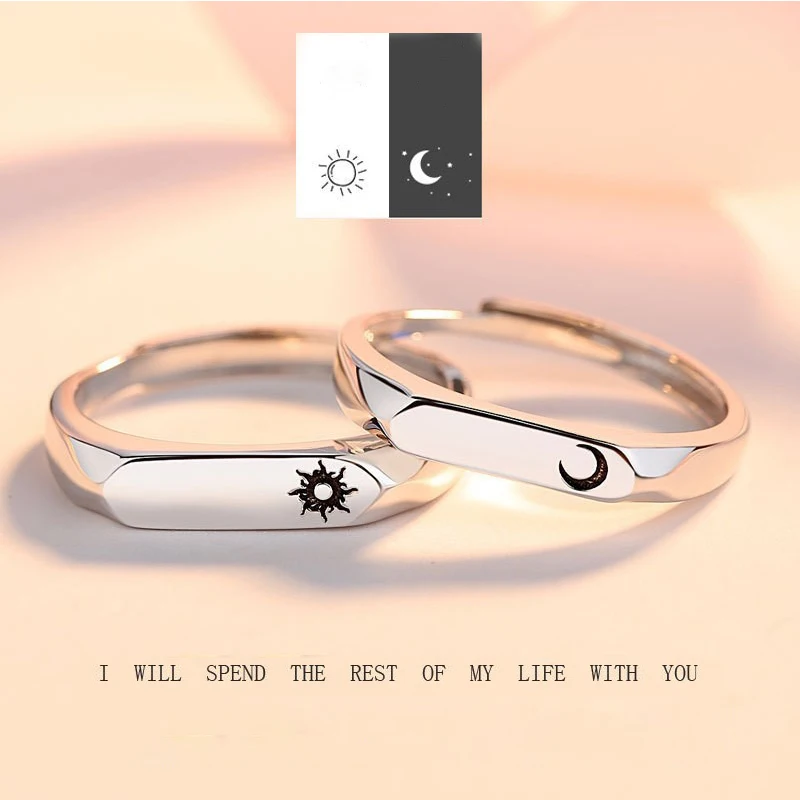 [In Spot]2 Pcs Sun Moon Matching Couple Rings Set for Women Simple Romantic Open Adjustable Ring Friendship Lover Jewelry Gift