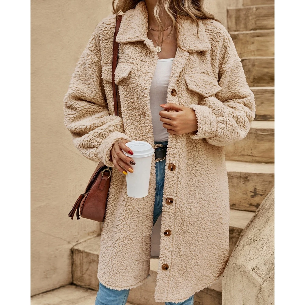 

Women Single Breasted Lantern Sleeve Turn-down Collar Fluffy Asymmetric Coat Winter Solid Color Fake Pocket Decor Outwear