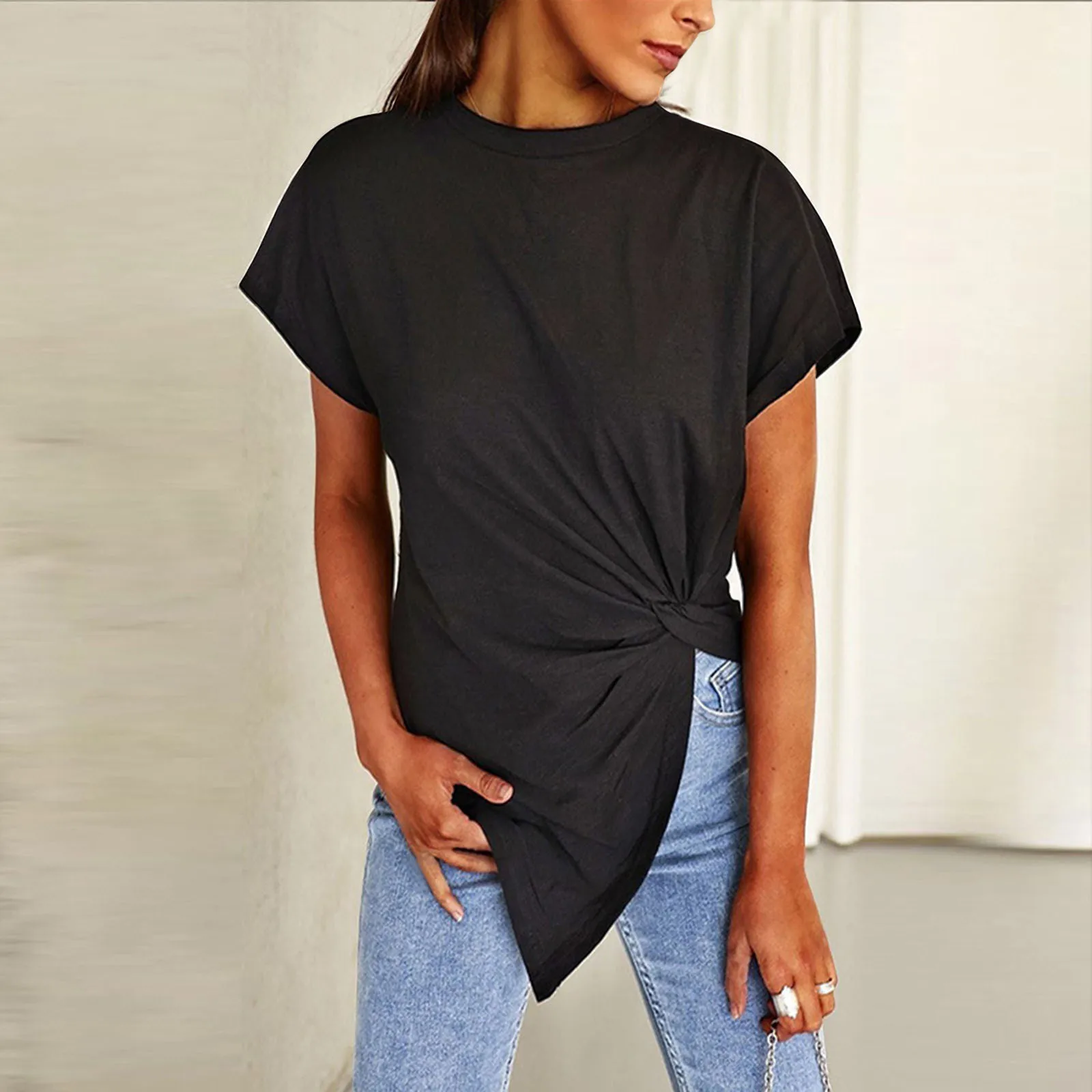 Women Summer Solid Color T-Shirt Top Knotted  Asymmetrical Round Neck Short Sleeve T Shirt Autumn Spring Clothing Female Tops