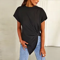 Women Summer Solid Color T-Shirt Top Knotted  Asymmetrical Round Neck Short Sleeve T Shirt Autumn Spring Clothing Female Tops