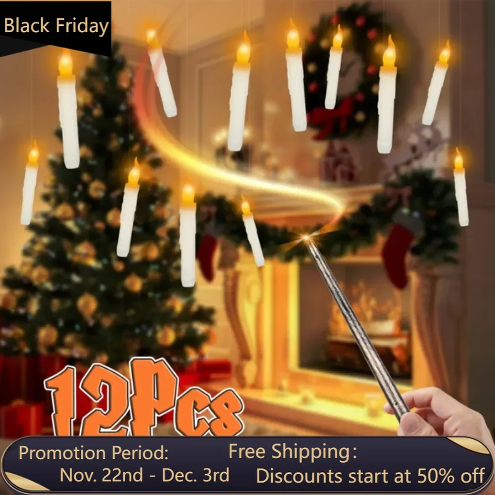 12Pcs Flameless Floating Candles LED Magic Hanging  Light Battery Operated Flickering Warm Light Window With Magic Wand Remote