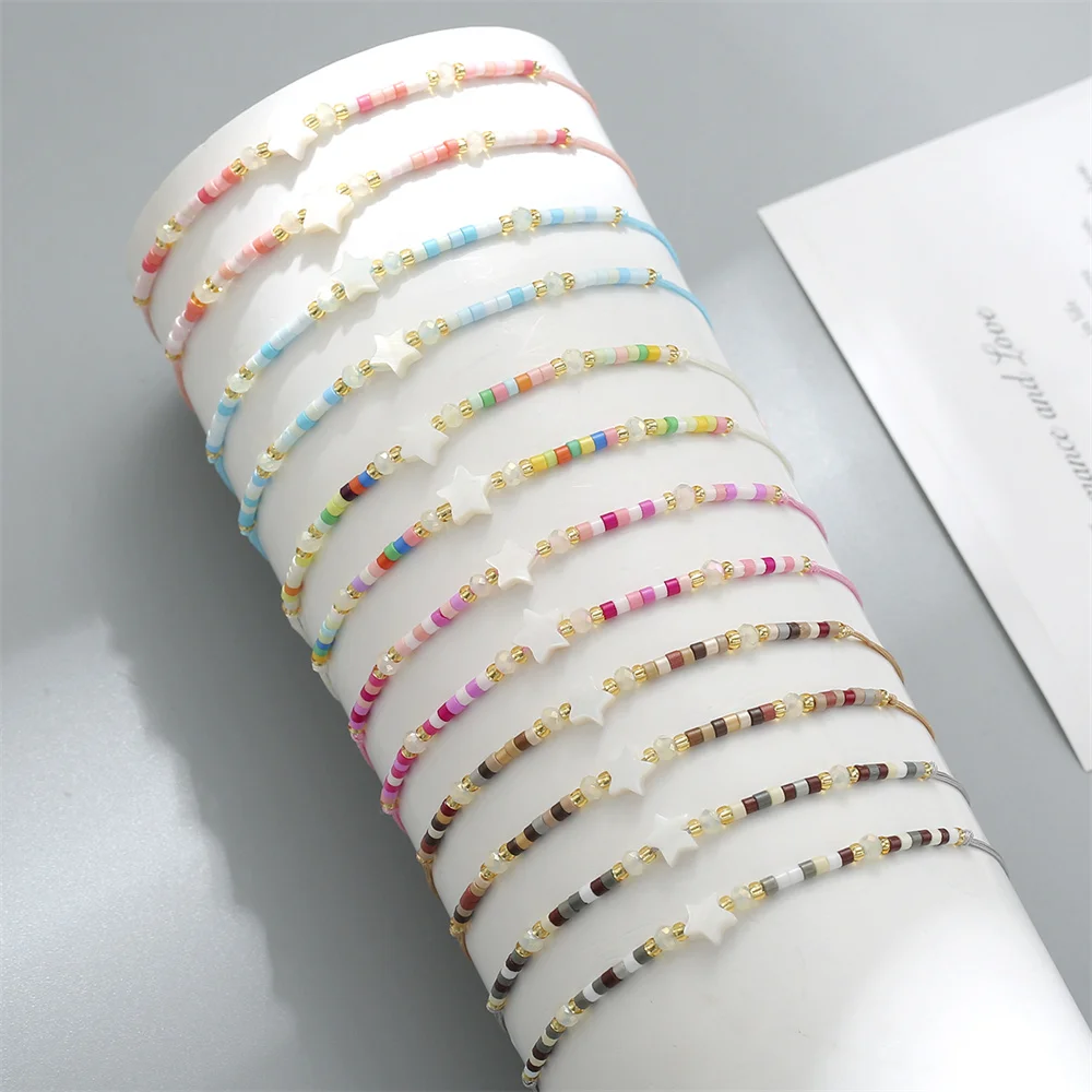 12Pcs/set White Star Charms Bracelet Set Colorful Resin Beads Rope Adjustable Bracelets Sets For Women Jewelry Party Gifts