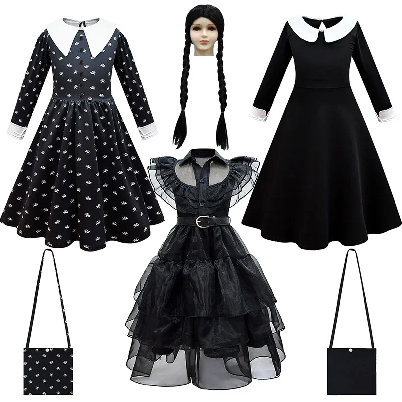 Wednesday Addams Cosplay For Girl Costume 2023 New Vestidos For Kids Girls Mesh Party Dresses Carnival Costumes 3-10 Years Old