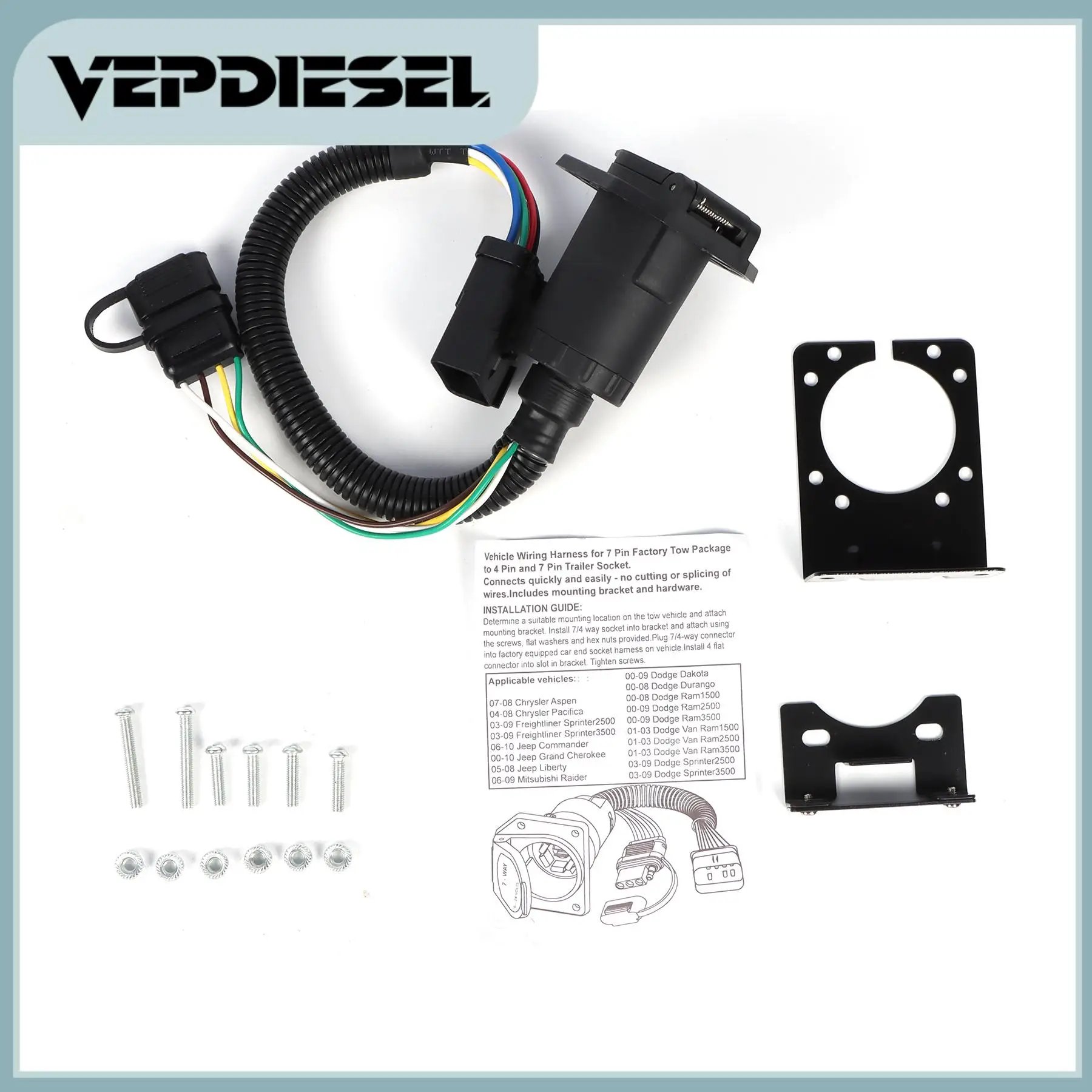 

1set 7 Way & 4 Way Tow Harness for Chrysler Aspen Pacifica Dodge Dakota Ram Van 1500 2500 3500 Jeep Grand Mitsubishi Raider