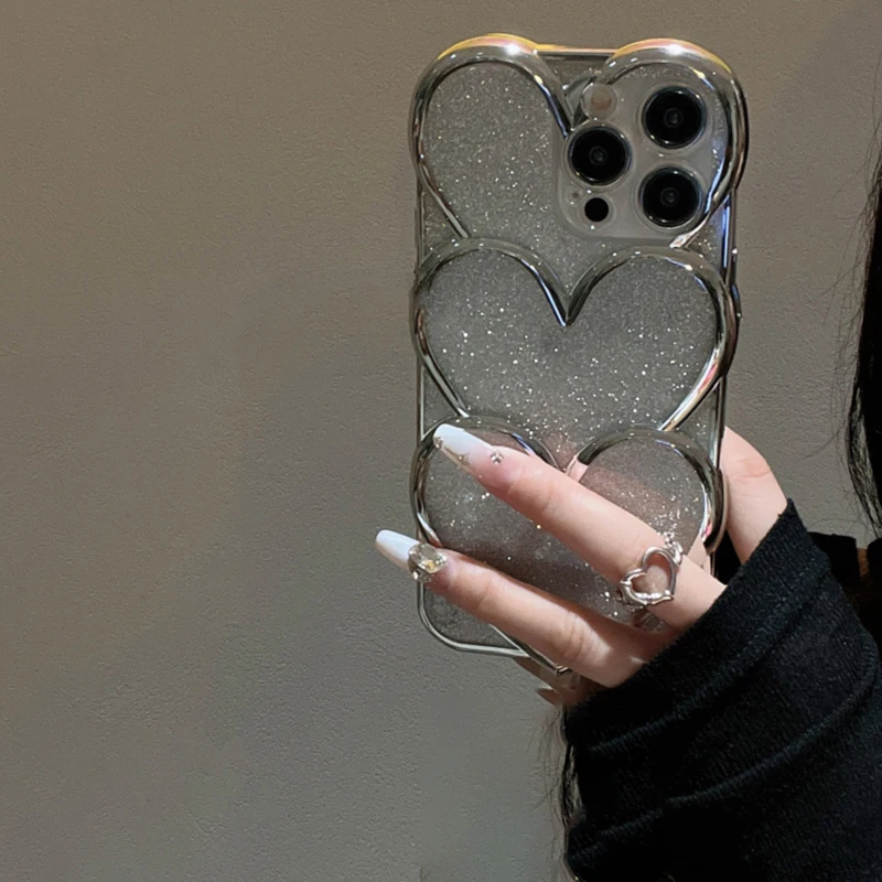 Korean Glitter Silver Overlapping Plating Love Heart Phone Case For iPhone 16 15 14 13 12 11 Pro Max Plus Trendy Girl Back Cover