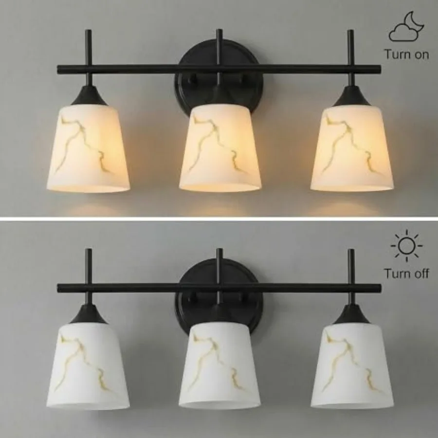 3-Light Black Mid Century Bathroom Light Fixture Modern Vanity Light with White Marble Glass Shade for Bathroom Mirror Living R