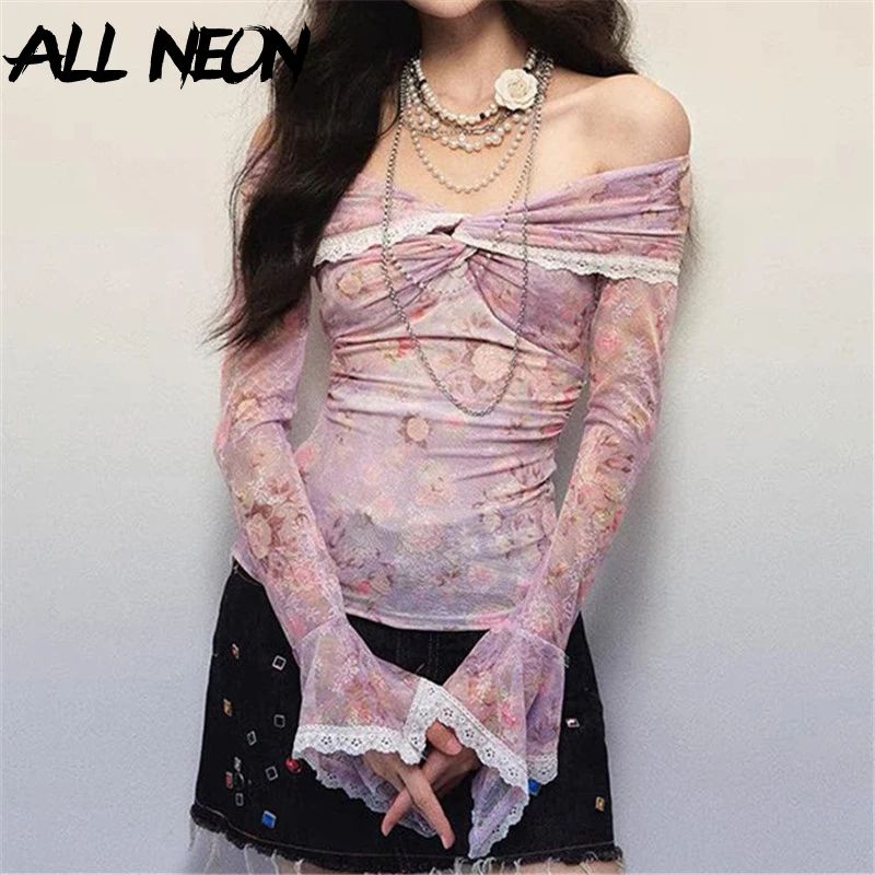 ALLNeon Hotsweet Mesh Patchwork Lace Crop Tops Fairycore Slash Neck Slim T-shirts Women Sexy Transparent T-shirt Y2K Clothing