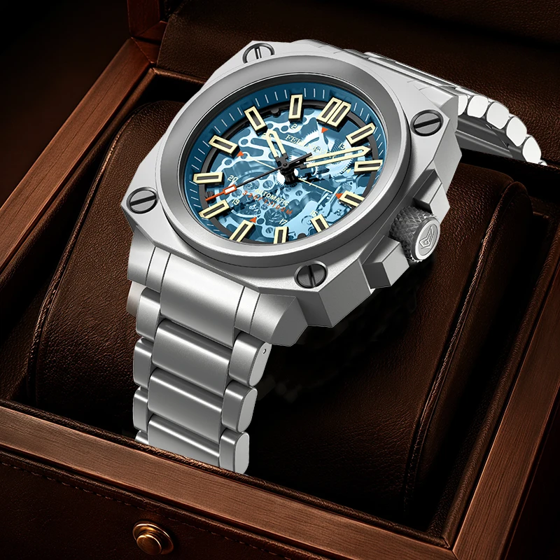 FeelNever Mechanical Man Watch Luxury Casual Stainless Steel Band Skeleton 100M Waterproof Luminous Automatic Watches Male Reloj view 6