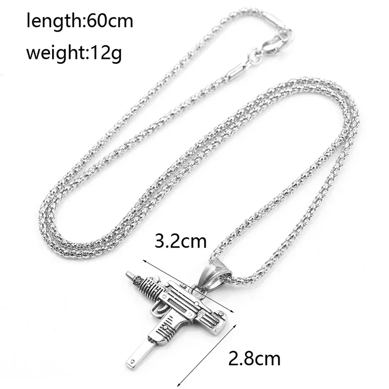 1PC European And American Fashion Hip Hop Necklace Stainless Steel Uzi Submachine Gun Machine Gun Pendant Men's Jewelry