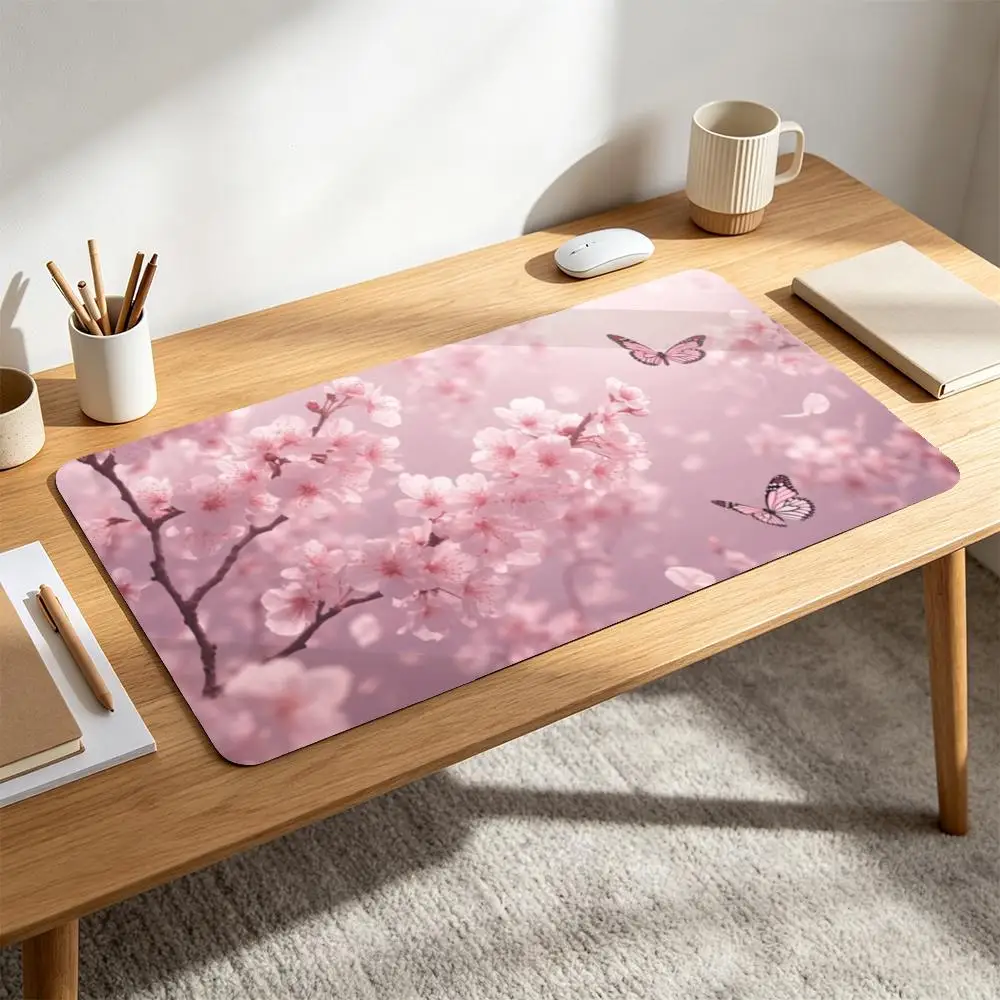Pink Cherry Blossom Butterfly Large Gaming Desk Mat, Smooth Surface Non-Slip Rubber Base Mouse Pad, Waterproof Wear-resistant