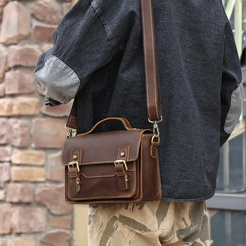 Men's small square bag single shoulder bag commuting men's bag genuine leather handbag slouchy crossbody bag retro messenger bag