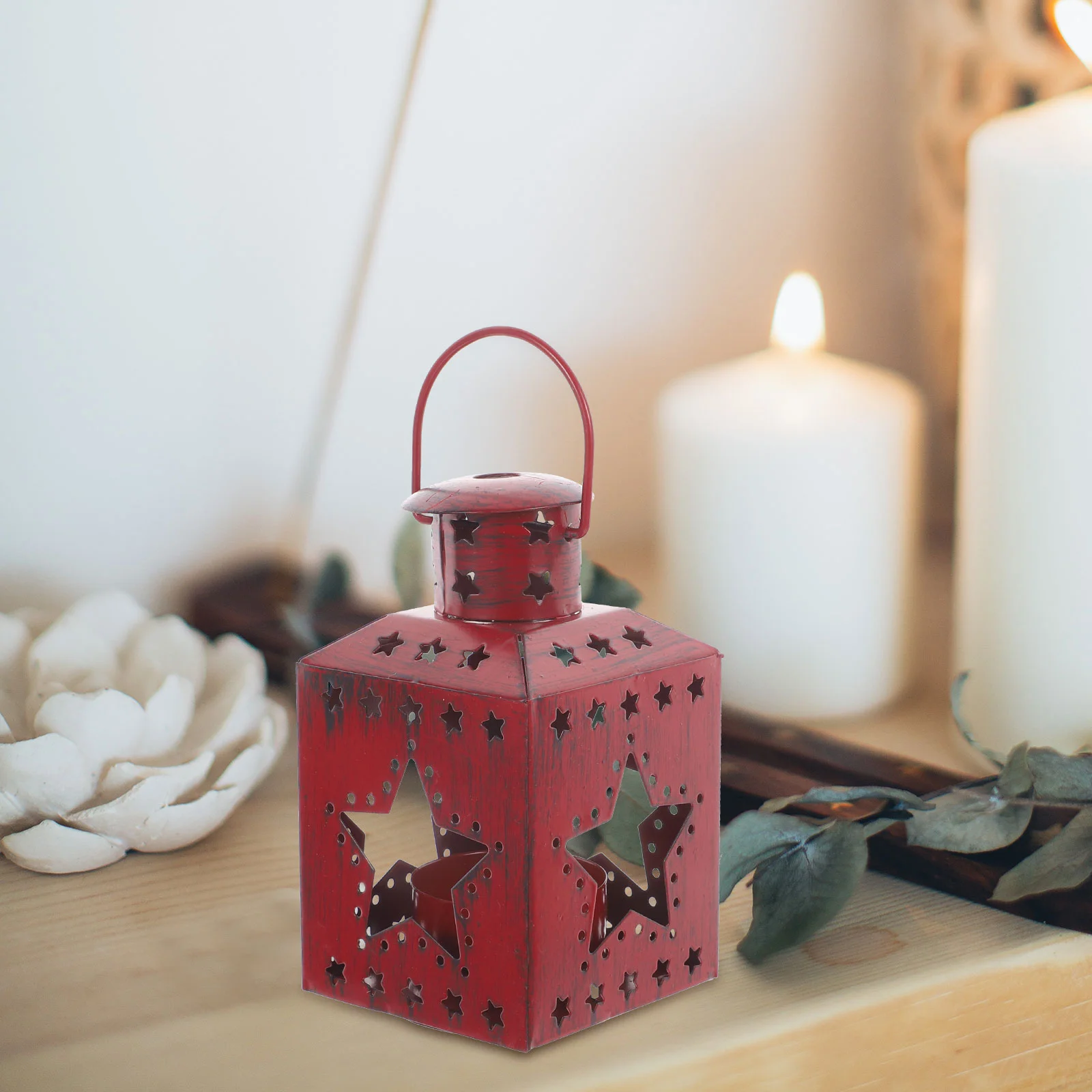 Vintage โลหะม้าโคมไฟคริสต์มาสผู้ถือแปรงสีแดง Gold Star Home Decor เหล็ก Tealight Stand Party nament เตาผิง