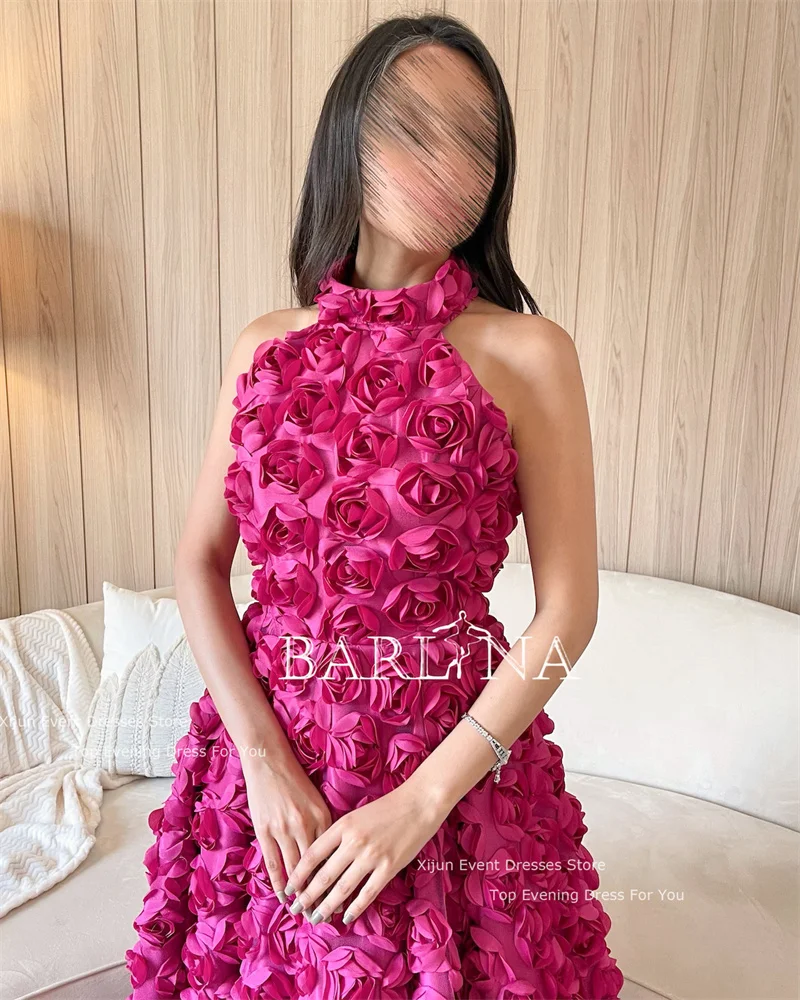 Xijun Fuschia 3D Flowers Short Evening Dresses Sleeveless Luxury Prom Dresses Dubai Saudi Arabric Party Gowns Formal Dresses