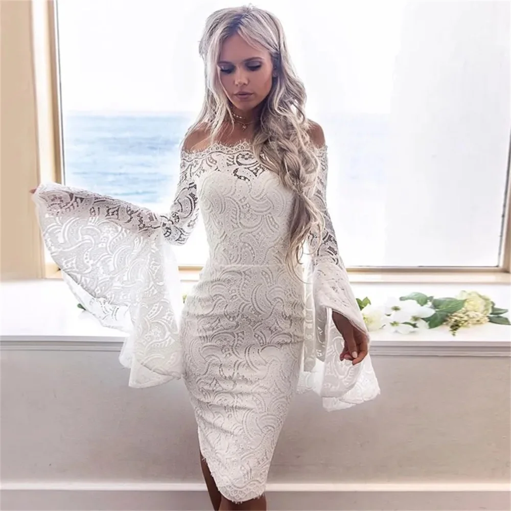 

2024 Off-the-Shoulder Homecoming Dresses Bell Sleeves Knee-Length White Lace Hoco Prom Party Dress