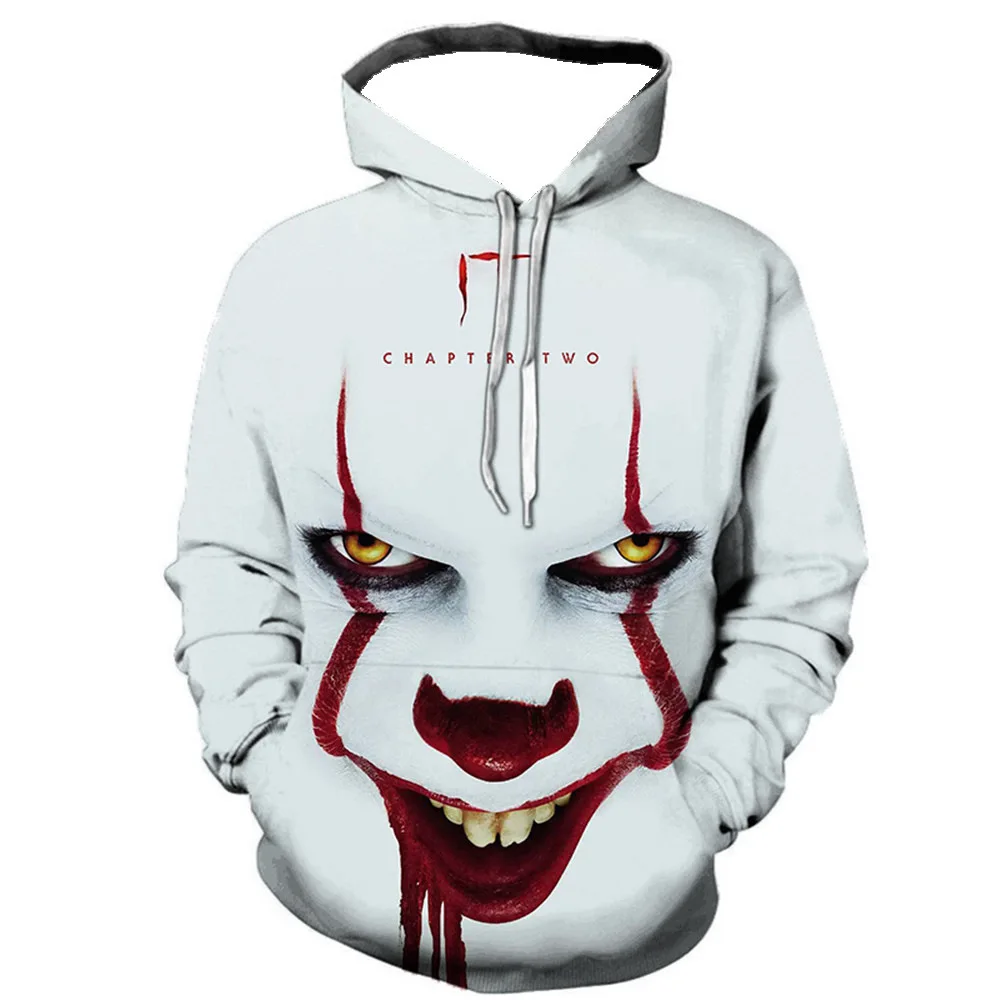 Moletom de palhaço de terror masculino, moletons com capuz, manga comprida, impresso em 3D, rua do terror, hip hop, outono, inverno, moda