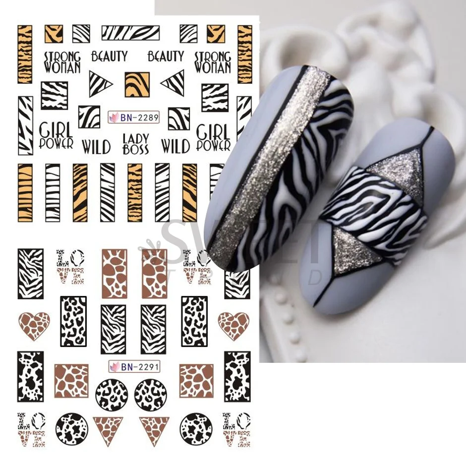 12pcs Animal Print Nail Art Design Wild Heart Love Leopard Snake Skin Slider Geometry Nail Stickers Water Manciure Tattoo SABN