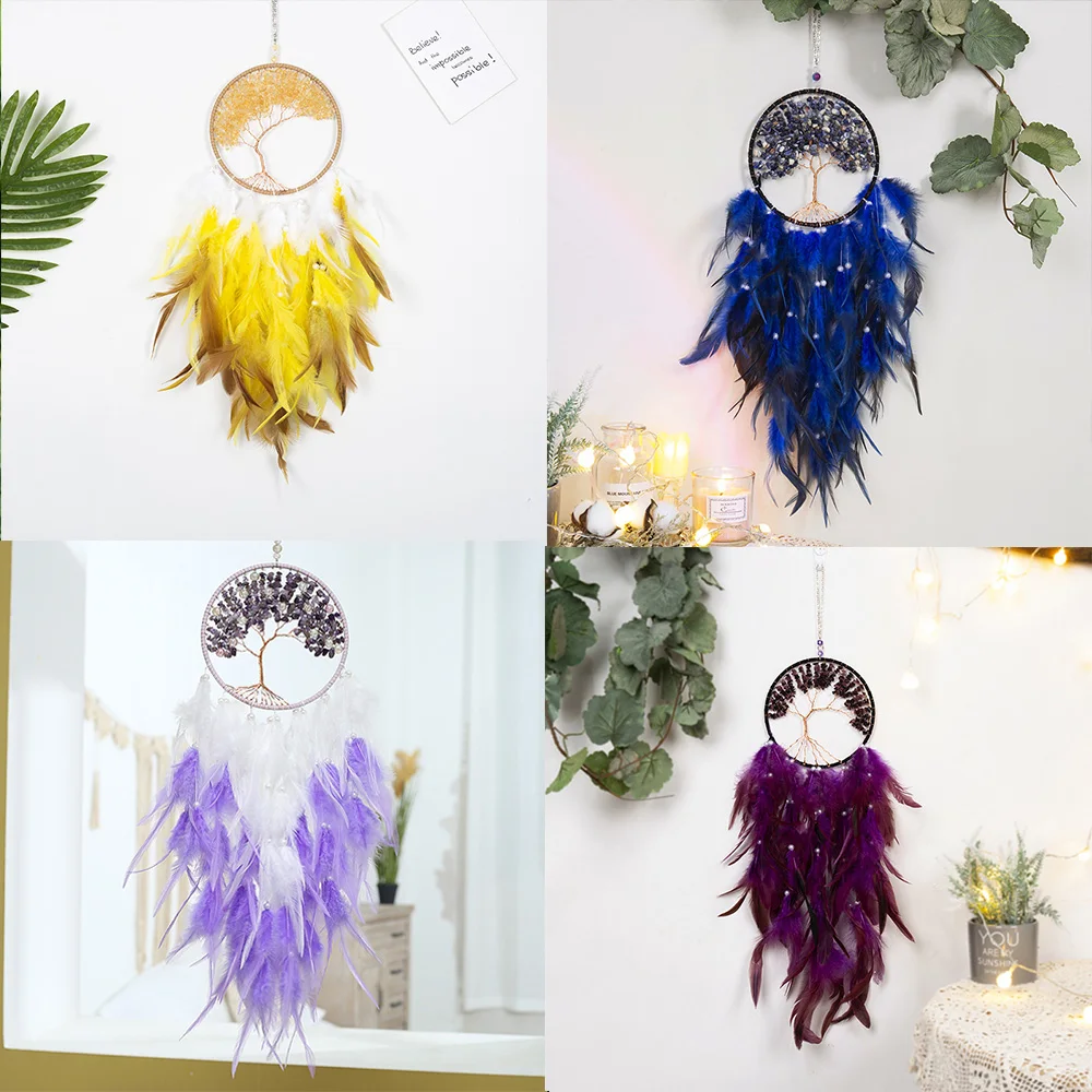 

Tree of Life Large Dream Catcher Fairy Feathers with Natural Stone Healing Crystal Handmade Dreamcatcher Hanging Ornament Decor