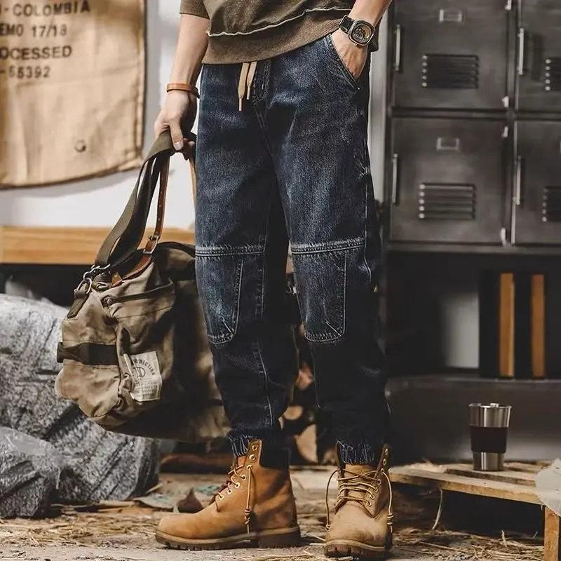 Blue Cargo Pants Men Jeans Drawstring Ankle Length 9 Part Trousers Streetwear Fashion Cotton Pants Men Casual Work Pants 2022