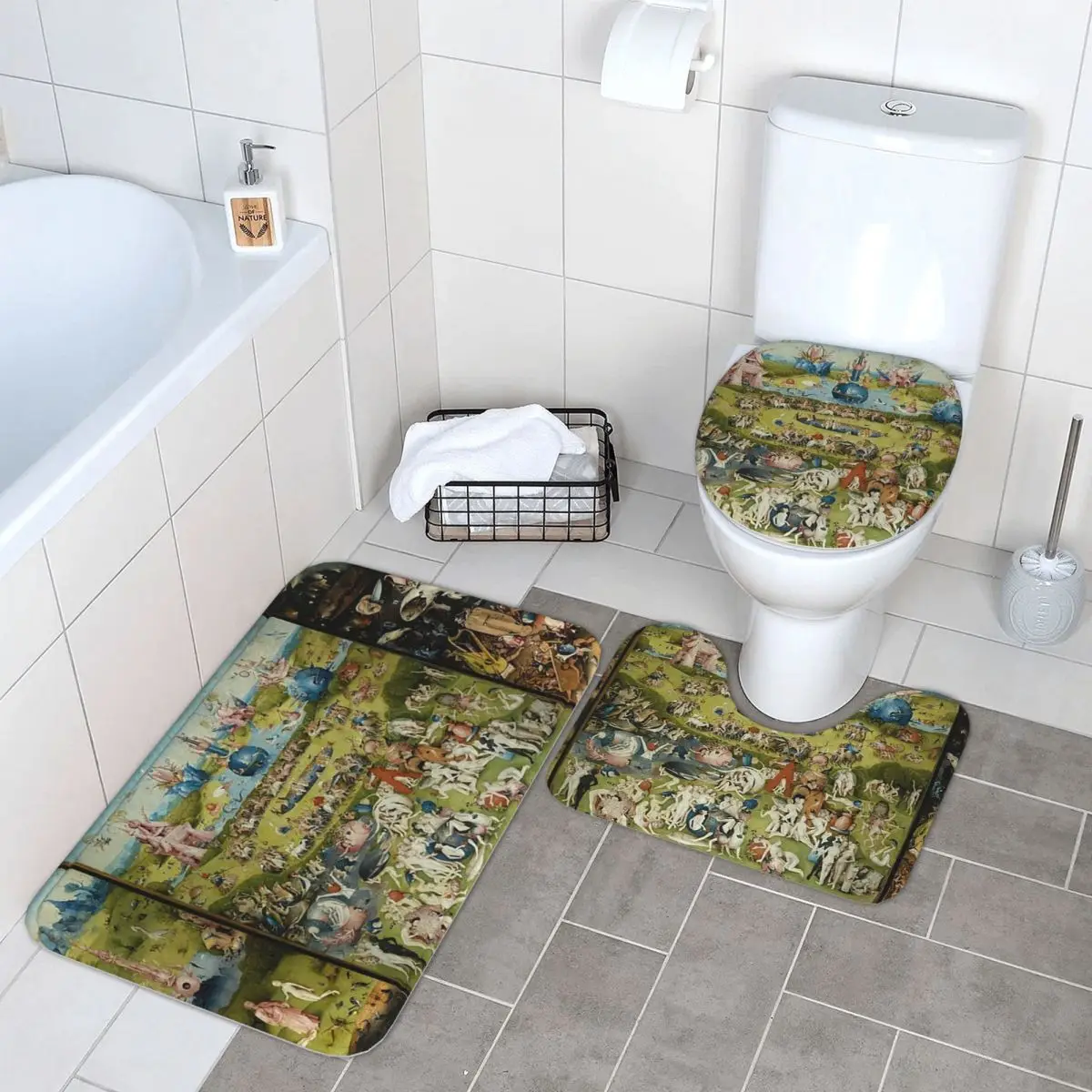 

Сад земных наслаждений Hieronymus Bosc 3-х предметный коврик для ванной комнаты, набор для ванной комнаты, крышка для унитаза, домашний нескользящий ковер, напольный коврик